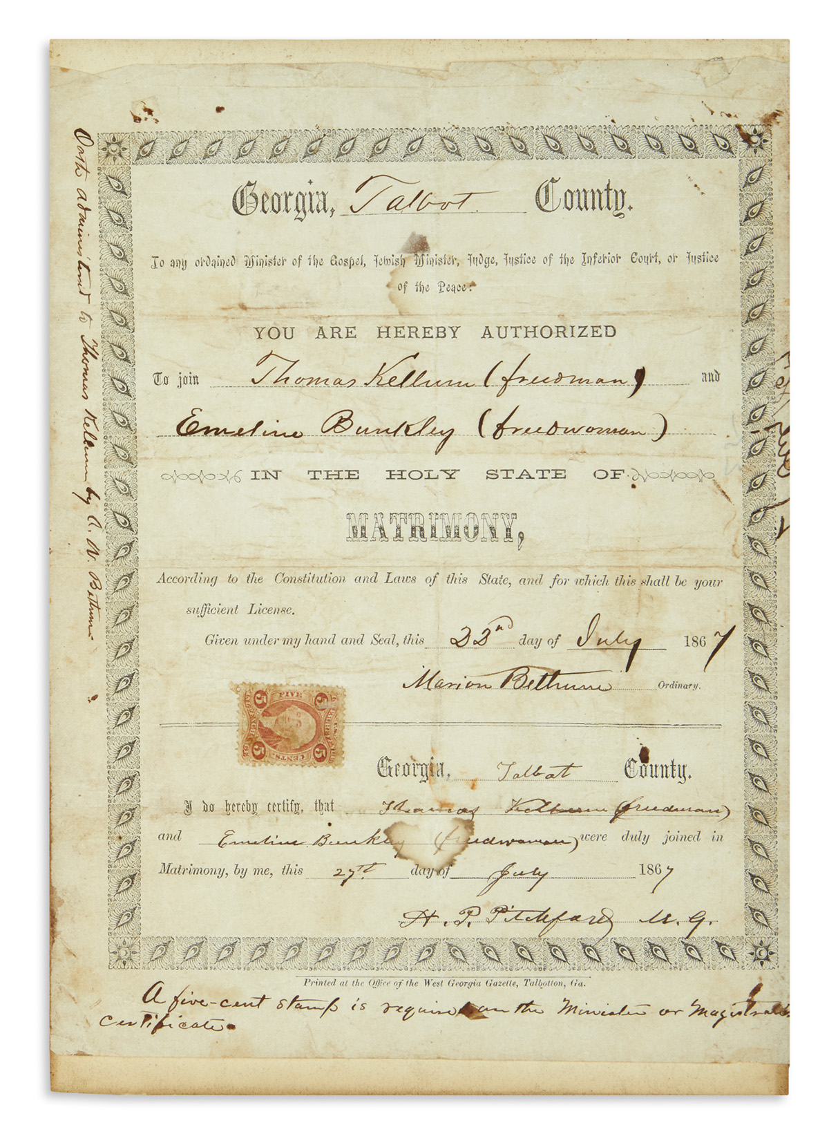 (RECONSTRUCTION.) Marriage certificate of a freed Georgia couple.